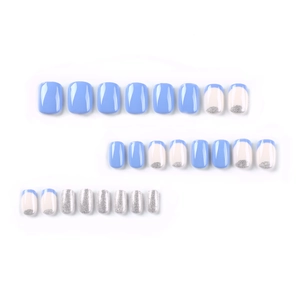 Blue and silver glitter short square press-on nails set with French tip design