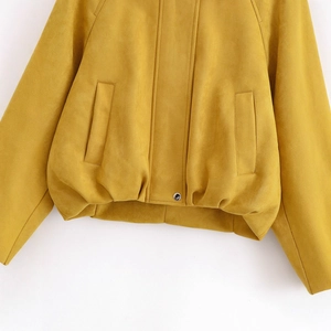 Women's yellow faux suede jacket featuring casual lapels and functional side pockets