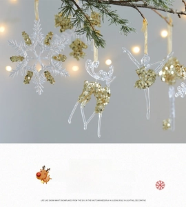 Detail of transparent acrylic Christmas snowflake and reindeer charms with gold glitter edges