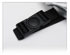 Detail of high-density plastic buckle and durable woven strap on silver outdoor hat