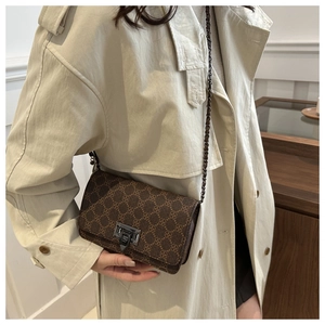 Detail of a brown crossbody bag with vintage pattern, metal buckle and chain strap on a model