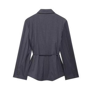 Gray commuting blazer with belted waist and padded shoulders shown from the back view