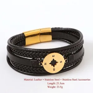 Men's multilayer black braided leather bracelet with a stainless steel compass charm and magnetic clasp