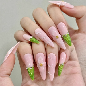 Elegant Pink Green 3D Flower Press On Nails Hand Carved Stiletto Rhinestone Artificial Manicure
