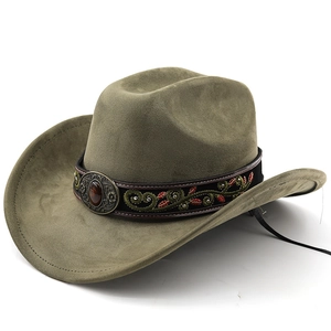 Macro detail of olive green suede cowboy hat featuring ethnic floral embroidery and metal buckle