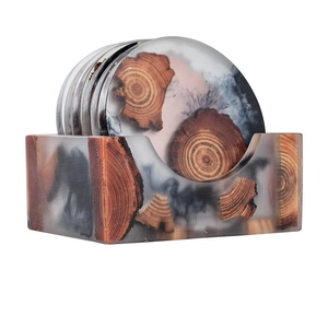 Japanese style resin and wood coasters set with round mats and a square storage base