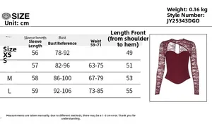 Detailed size guide table for long sleeve lace corset top showing bust and waist metrics