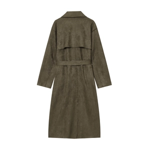 Back view of long faux suede trench coat in olive green with waist belt and wind flap