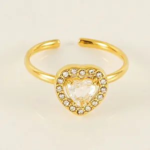 Heart Shaped Zircon Ring Stainless Steel 18K Gold Plated Open Adjustable Fashion Jewelry For Women