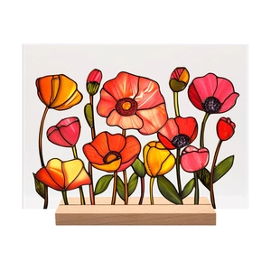Detailed view of 3D acrylic flower ornament with vibrant petals on a wooden base