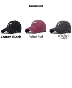 Detailed color display of three cotton baseball caps with embroidered shark logos