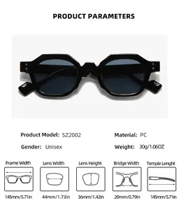 Detailed size chart for retro polygon sunglasses showing frame width and temple length