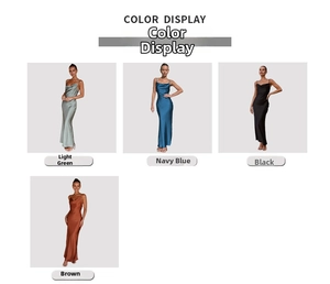 Color options of slim fit satin dress in green, navy, black, and brown variants