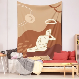 Detailed view of bohemian tapestry featuring abstract female line art in earthy tones on wall