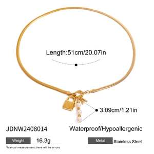 Gold stainless steel snake chain necklace with pearl, padlock, and letter A pendant