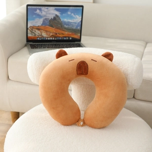 Cute brown capybara U-shaped plush travel neck pillow with snap button for office nap