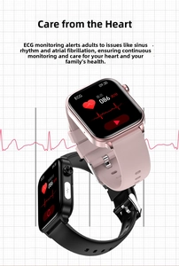 Detail view of the ECG monitoring feature on pink and black square smartwatches