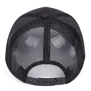 Close-up of black mesh trucker hat showing breathable fabric and adjustable snapback closure