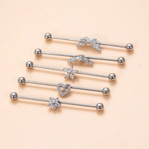5-piece set of stainless steel industrial barbells with daisy, heart, and feather charms