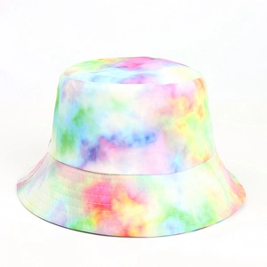 Close-up of pastel tie-dye bucket hat with reinforced parallel stitching on the brim