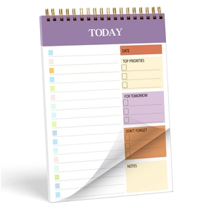 Daily spiral planner with Today schedule and metallic gold binding in pastel colors