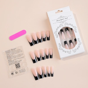 French tip press-on nail kit with black edges, rhinestones, and complete tool set