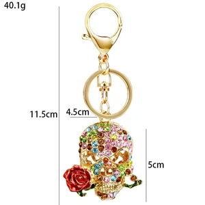 Colorful rhinestone skull keychain with red rose and gold lobster clasp for bags