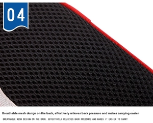 Detail of black breathable mesh and red trim on cat carrier backpack for comfort