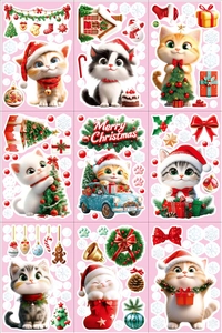 Detailed grid of Christmas cat stickers with holiday gifts and snowflake window decorations