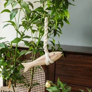 European style hand-carved wooden fish hanging ornament with bell and cotton rope