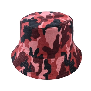 Detailed view of reinforced stitching on red camouflage canvas bucket hat brim