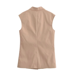 Back view of khaki sleeveless blazer vest with notched lapel and sharp tailored silhouette