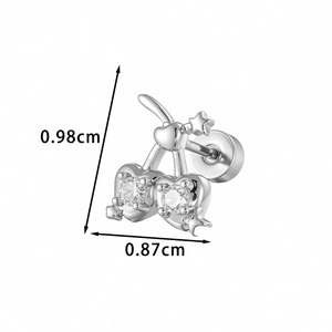 Silver cherry stud earrings with heart-shaped cubic zirconia and screw-back design