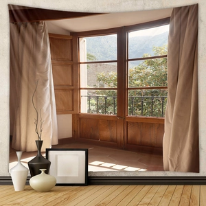 Detail view of Bohemian wall tapestry with window view and mountain forest landscape