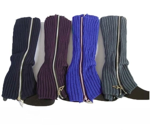 Detailed knit leg warmers with metal zippers in dark blue, purple, and royal blue tones
