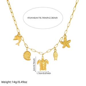 Gold stainless steel ocean series necklace with turtle and fish charms and dimensions