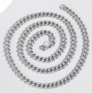 Polished silver stainless steel Cuban link chain necklace with secure lobster clasp