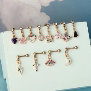 Detailed close-up of colorful crystal dangle earrings with gold plated screw backs