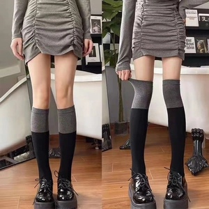 Women Color Block Patchwork High Tube Socks Polyester Knit Over The Knee Calf Socks Dark Academia Gothic Style