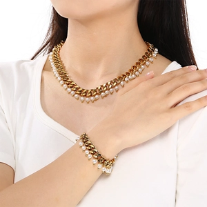 Elegant 9mm gold Cuban chain necklace and bracelet set with white pearls for women