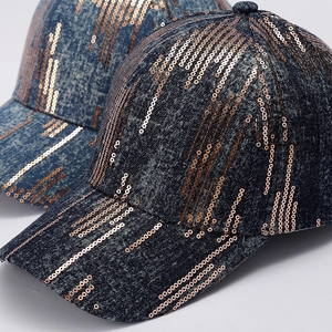 Vintage denim baseball cap with sunray pattern golden sequins for men and women