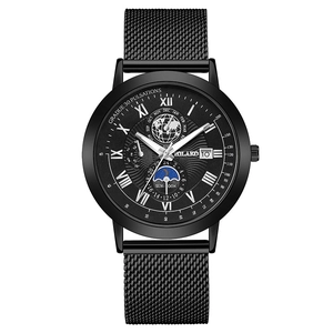 All-black men's quartz watch with Milanese mesh strap and moon phase function display
