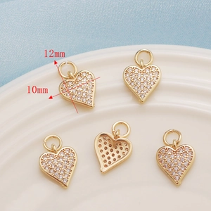 14K gold plated heart charm with clear zircons, size 12x10mm for DIY jewelry making