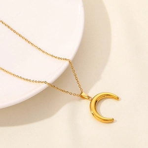 Minimalist vintage style stainless steel necklace with polished 18k gold moon pendant