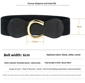 Detail view of 6cm black elastic waist belt with gold C-buckle dimensions and specs