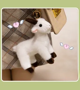 Close-up of fluffy white sheep plush keychain with golden ring on a leather bag