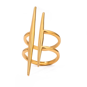 Golden double-layer geometric cone ring in stainless steel against a white background