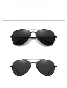 Front view of classic black metal aviator sunglasses with polarized lenses for men