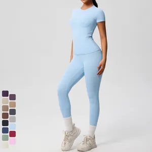Women Seamless Athletic Yoga Top And Bottom High Waist Compression Leggings Short Sleeve Sport T-Shirt Elastic Workout Outfit