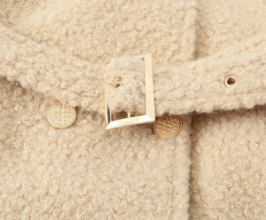 Detail of beige textured wool coat showing golden square buckle and embossed metal buttons